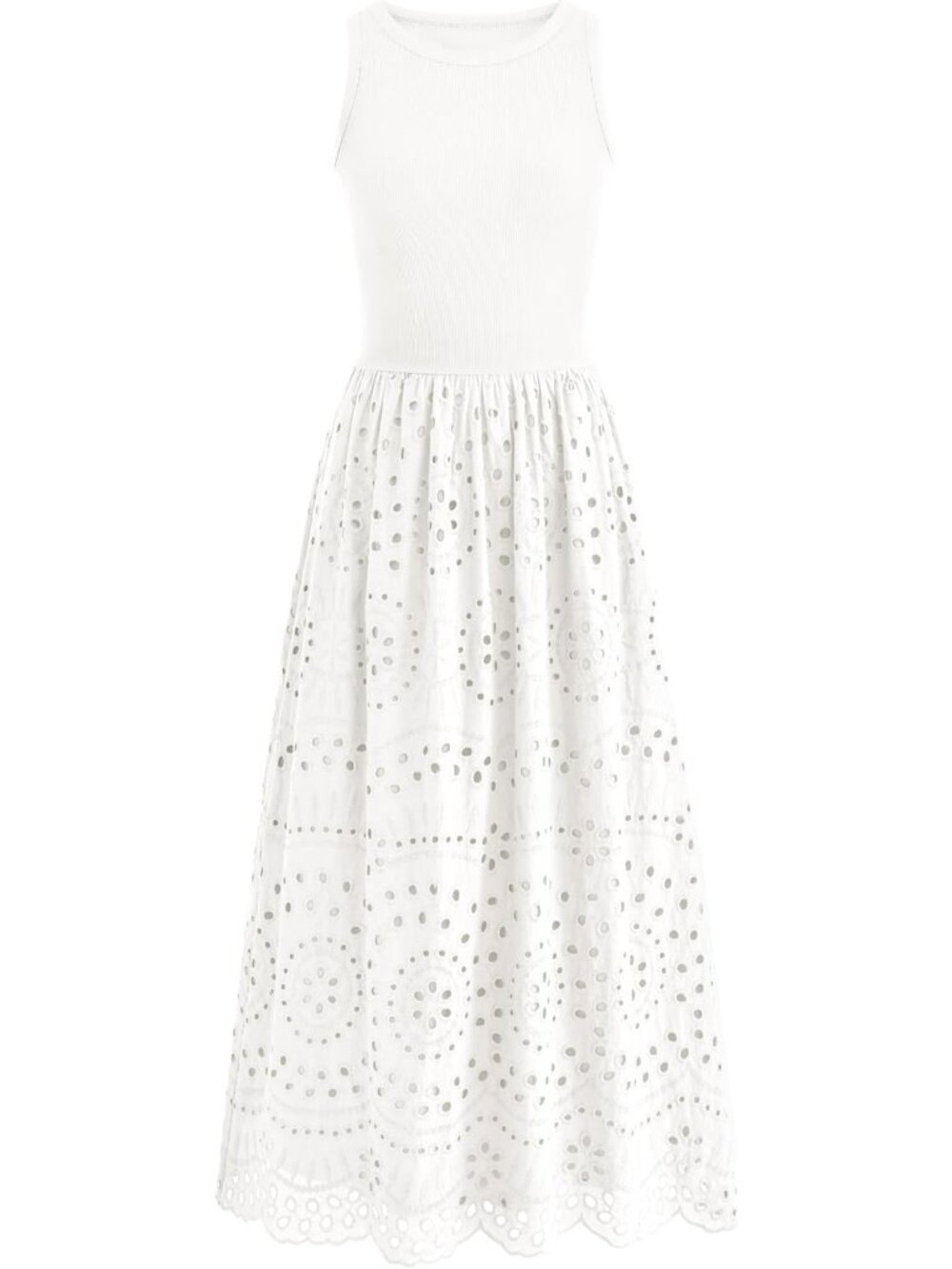 Women's White Sleeveless Crew Neck Lace Imported A-line Cotton Maxi Dress